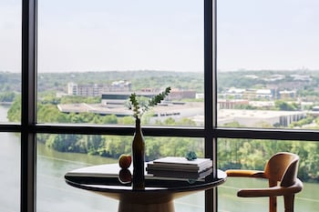 Hotel room view looking out at The LINE Austin