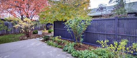 A residential backyard with a concrete pathway, a wooden fence, and various plants and trees.