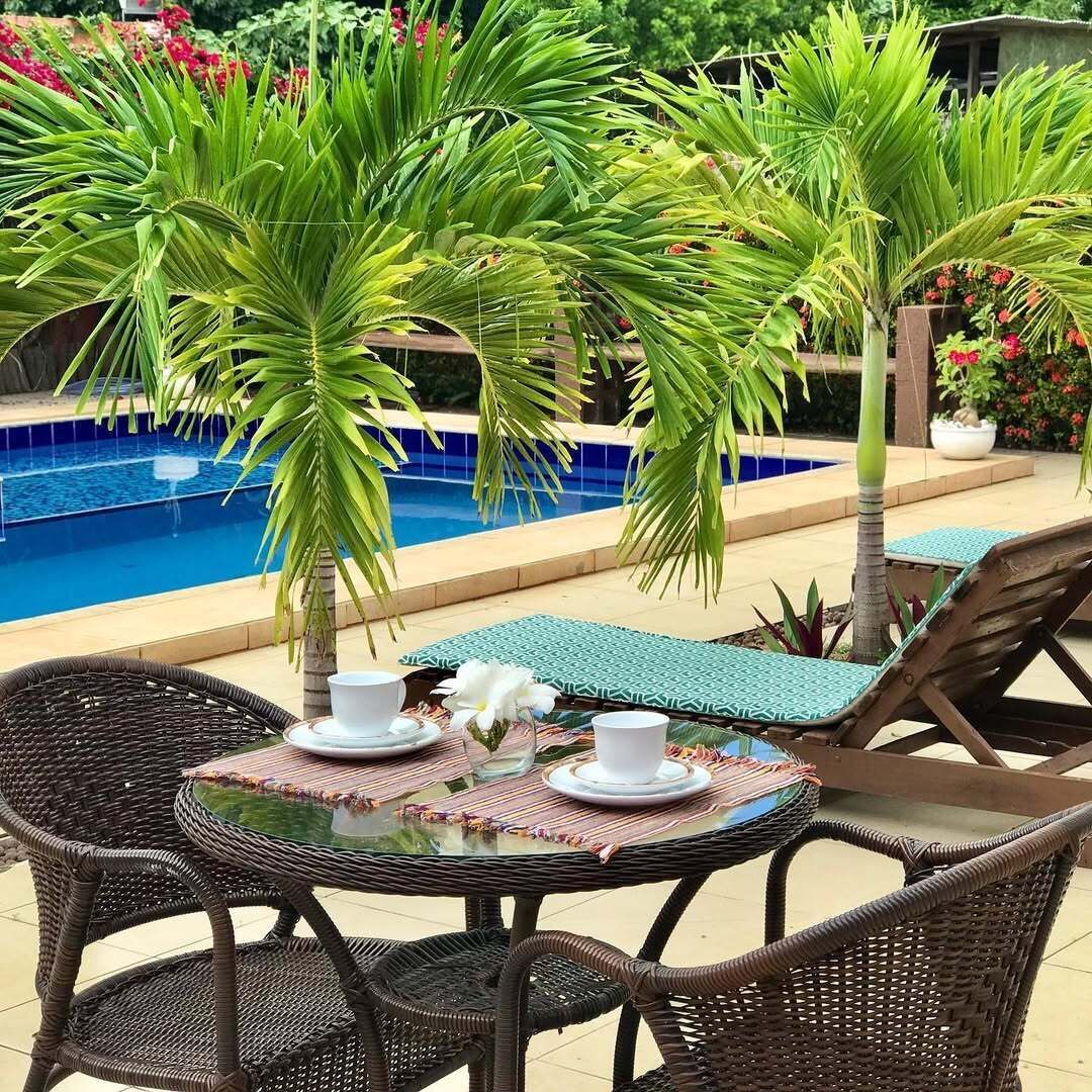 Un espacio para comer junto a la piscina, con sillas de mimbre, una mesa de vidrio y una piscina al fondo.