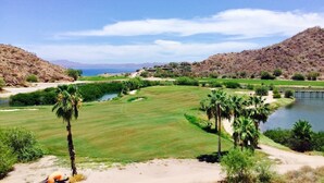 A golf course with a water body, palm trees, and a bridge in the background.