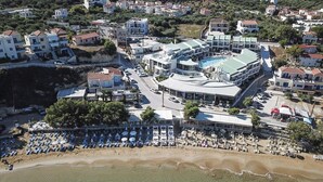 Oversigtsbillede af en kystby med en strand, en stor bygning med et grønt tag og flere mindre bygninger.
