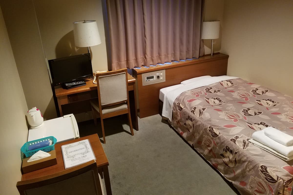 A hotel room with a bed, desk, chair, and a television.