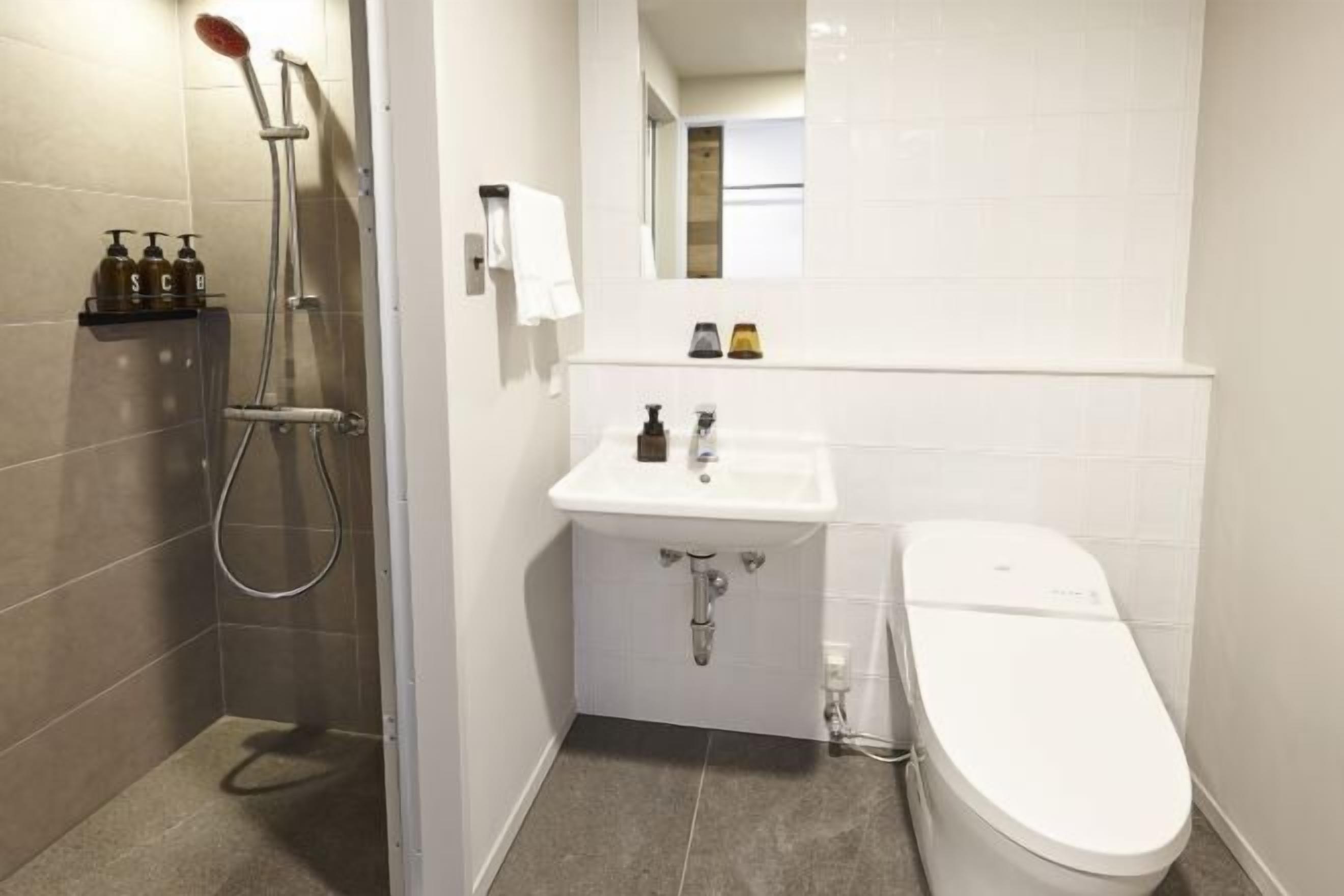 Hair dryer, slippers, bidet, towels