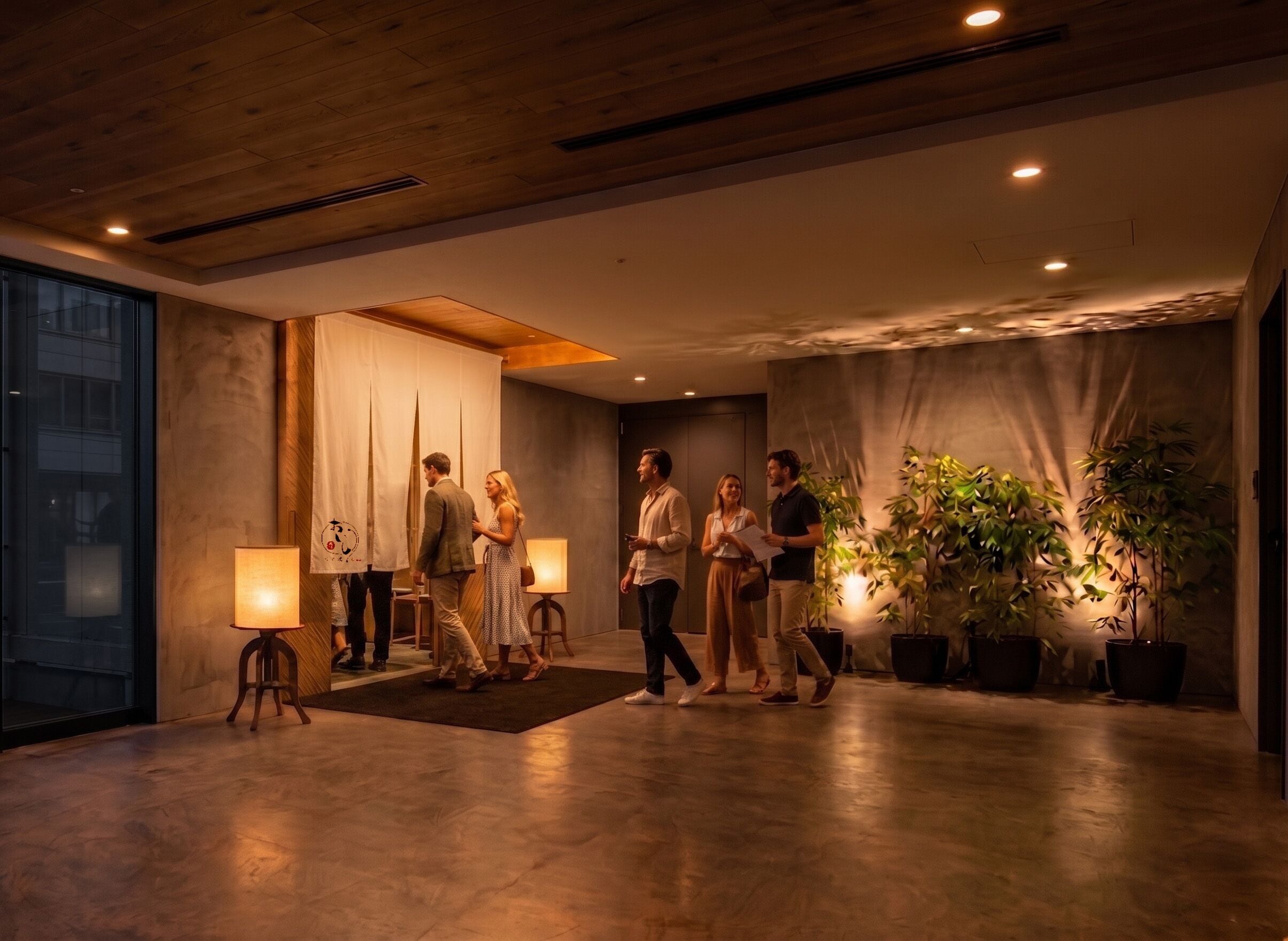 A modern hotel lobby with a wooden ceiling, a reception desk, and potted plants.