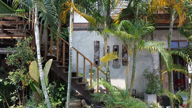 Un edificio rústico con una escalera rodeada de exuberante vegetación tropical.