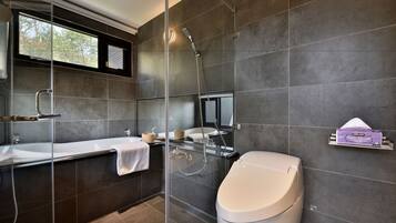 A modern bathroom with a glass-enclosed shower, a bathtub, and a toilet.