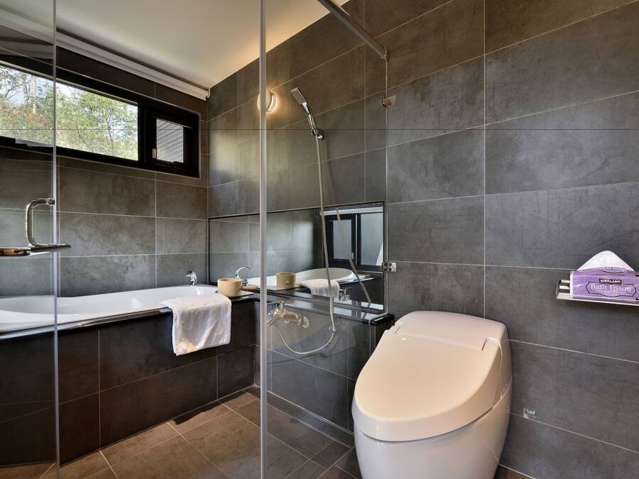 A modern bathroom with a glass-enclosed shower, a bathtub, and a toilet.