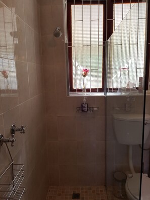 A bathroom with a shower, toilet, and a window with a decorative item. - Valley Heights Guest House B&B (Cape Town)