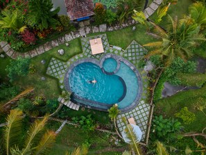 Outdoor pool, pool umbrellas, pool loungers
