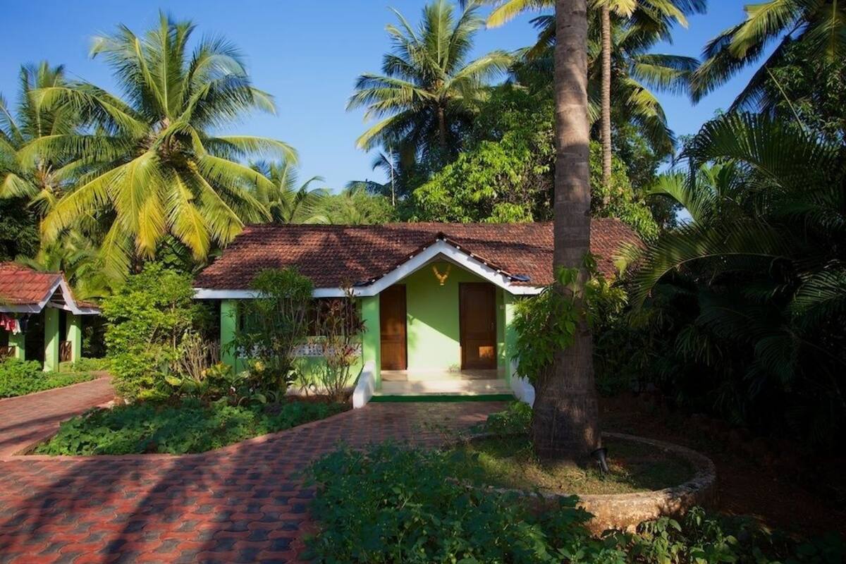 A bungalow with a tiled roof, surrounded by lush greenery and palm trees.