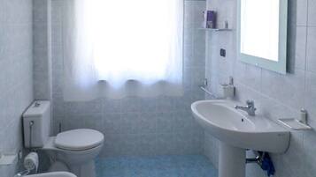 A bathroom with a toilet, bidet, sink, and a mirror.