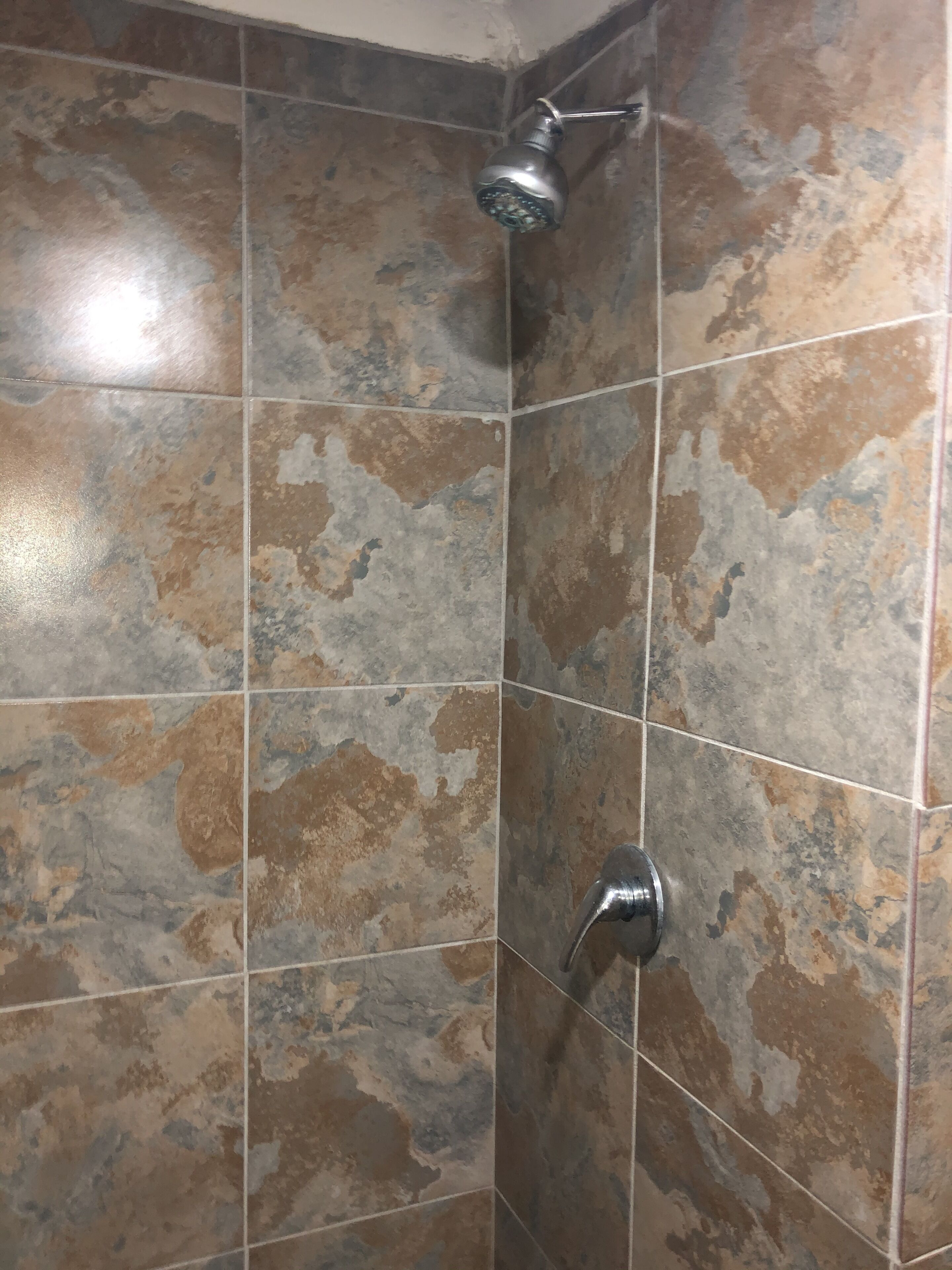 A shower area with a handheld showerhead and a wall-mounted control valve.