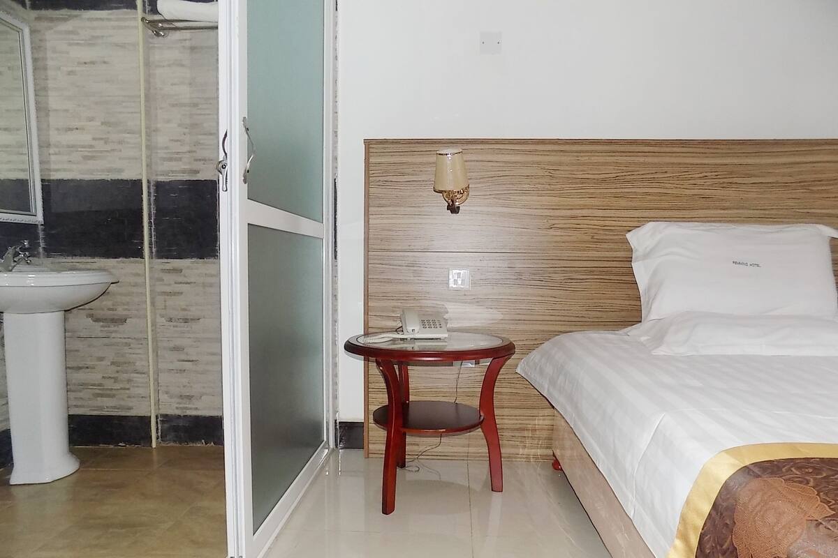 A hotel room with a bed, a bedside table with a lamp, a telephone, and a sink.