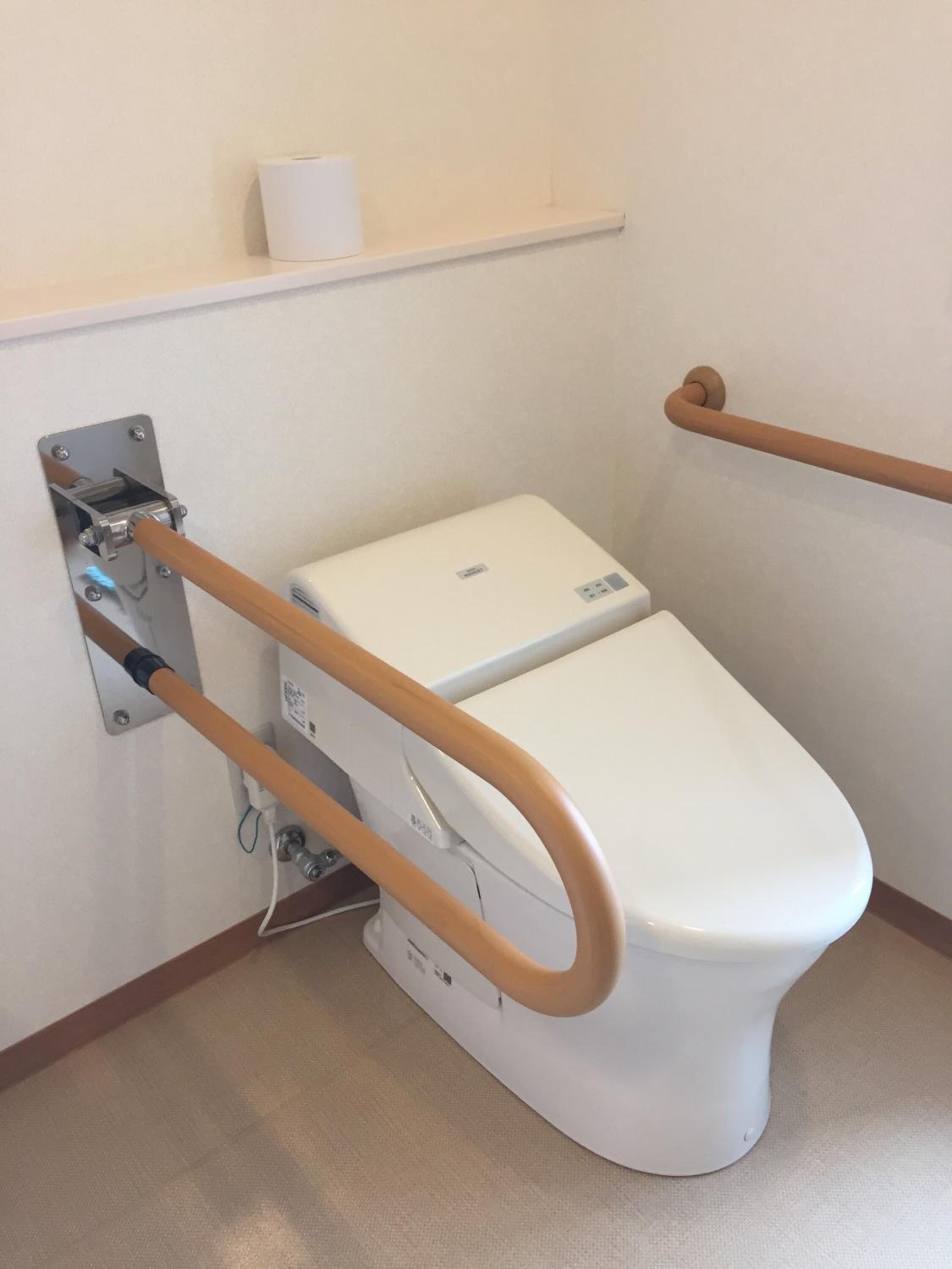 A white toilet with a wooden grab bar on the right side and a metal grab bar on the left side.