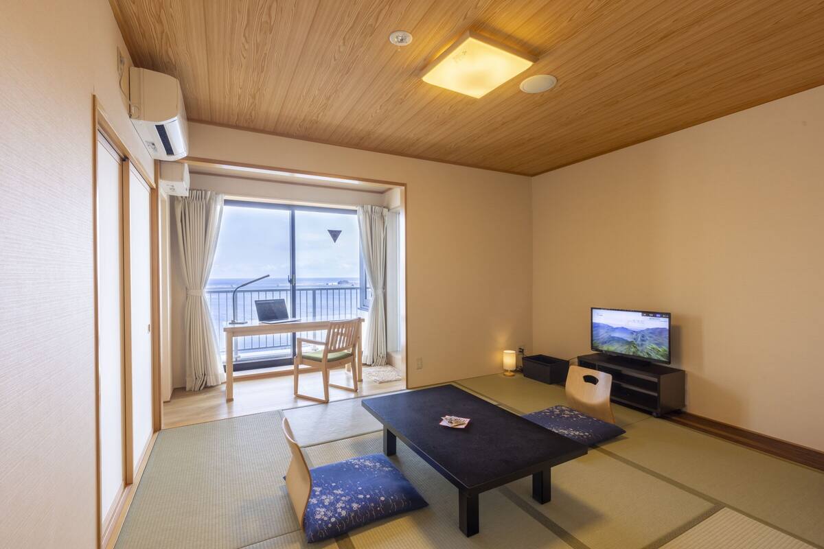Quarto com piso de tatame, televisão, mesa com almofadas, porta deslizante para uma varanda e luminária no teto.