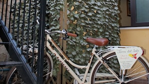 A bicycle parked against a wall with ivy, a staircase, and a building with a yellow facade. - Terra del Sole B&B (Vittoria)