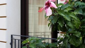A building with a balcony, a window with a curtain, and a flowering plant. - Terra del Sole B&B (Vittoria)