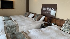 Habitación de hotel con dos camas, un televisor de pantalla plana, un letrero que dice "Suite Terrace" y un termostato en la pared.