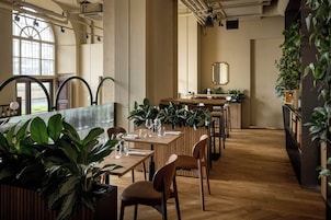 A restaurant with wooden tables and chairs, large windows, and indoor plants.