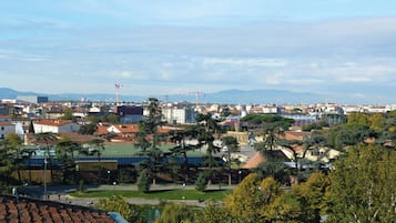 A cityscape with buildings, trees, and a distant mountain range.
