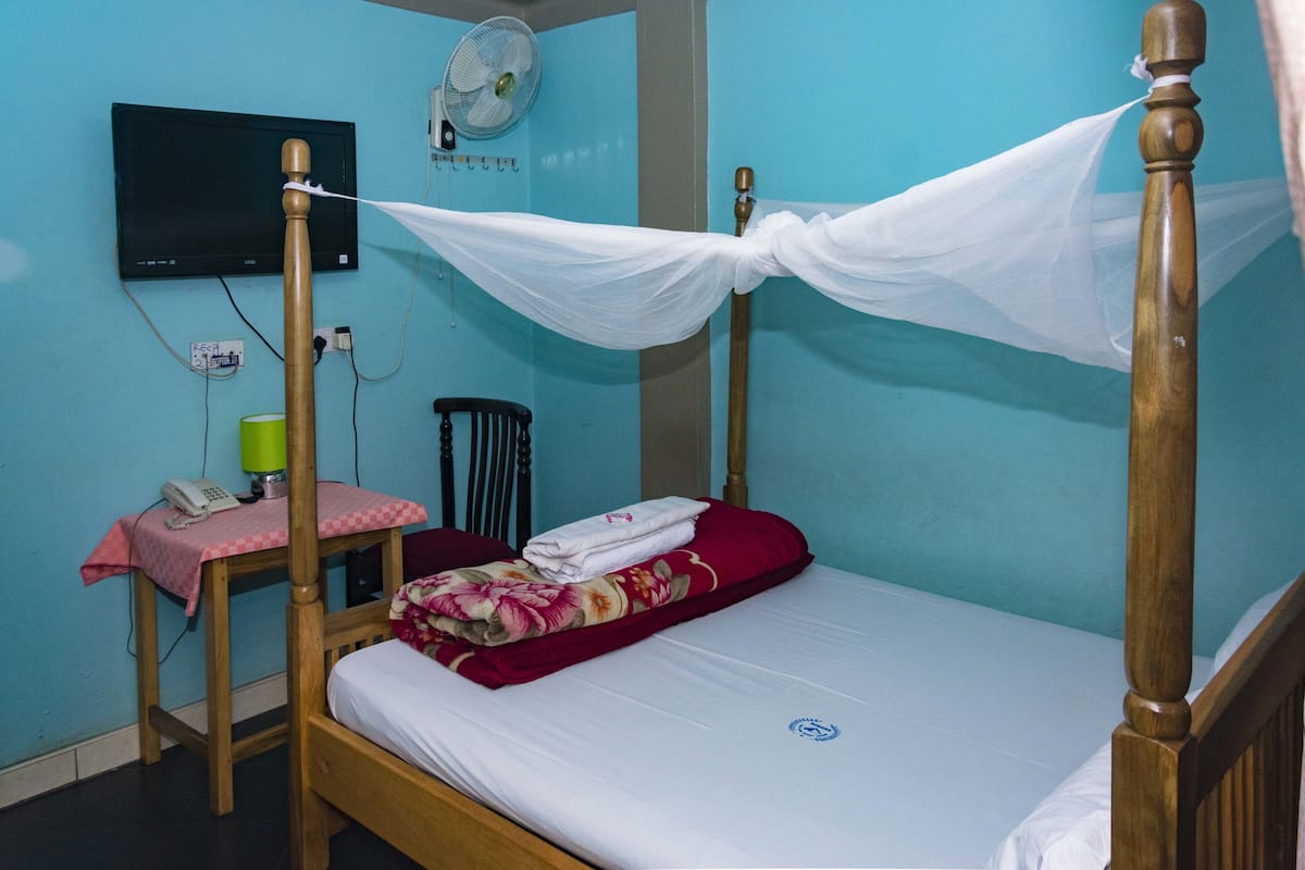 Uma cama de solteiro com estrutura de madeira, mosquiteiro, televisão na parede, escrivaninha com telefone e um abajur verde.
