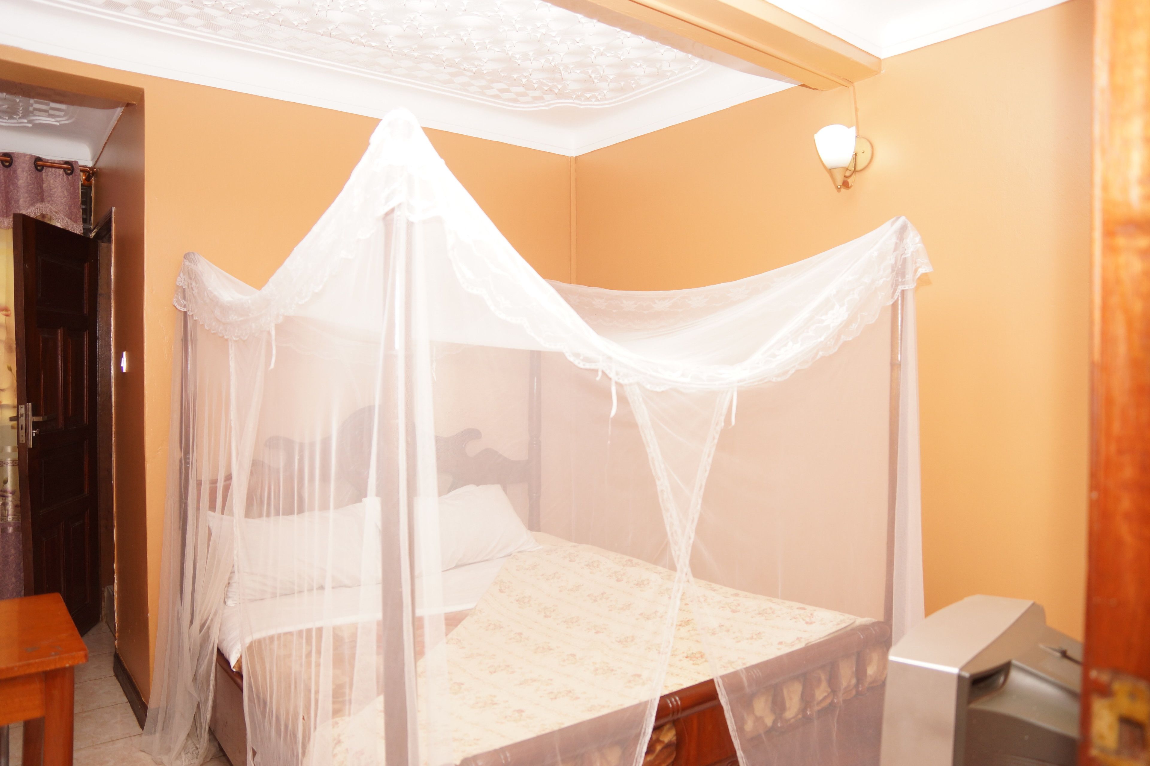 A room with a bed under a white canopy, a wooden desk, and a wall-mounted light fixture.