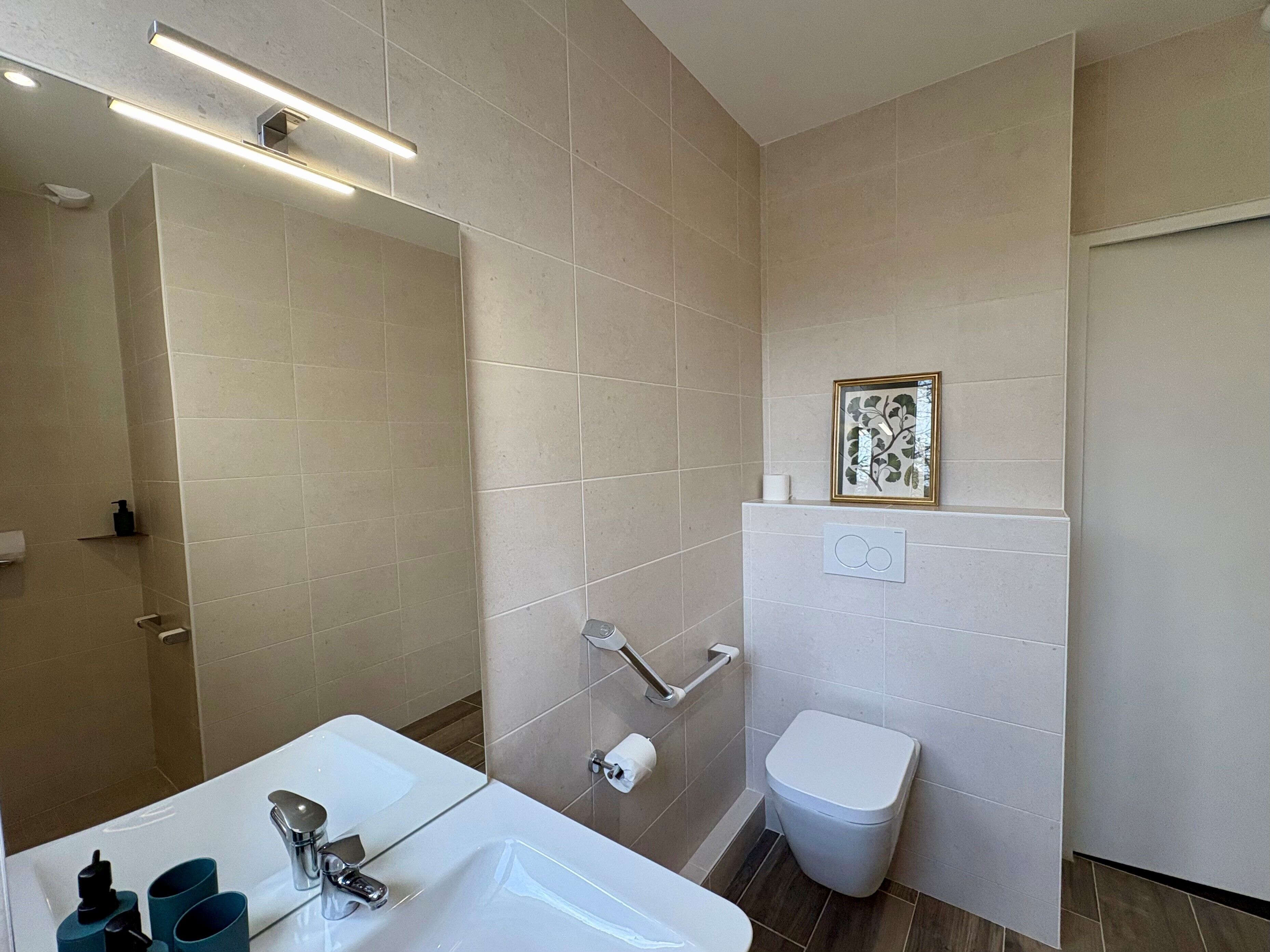 Une salle de bain moderne avec un lavabo blanc, un miroir et des toilettes. Il y a un espace douche avec une porte en verre et un tableau encadré au mur.