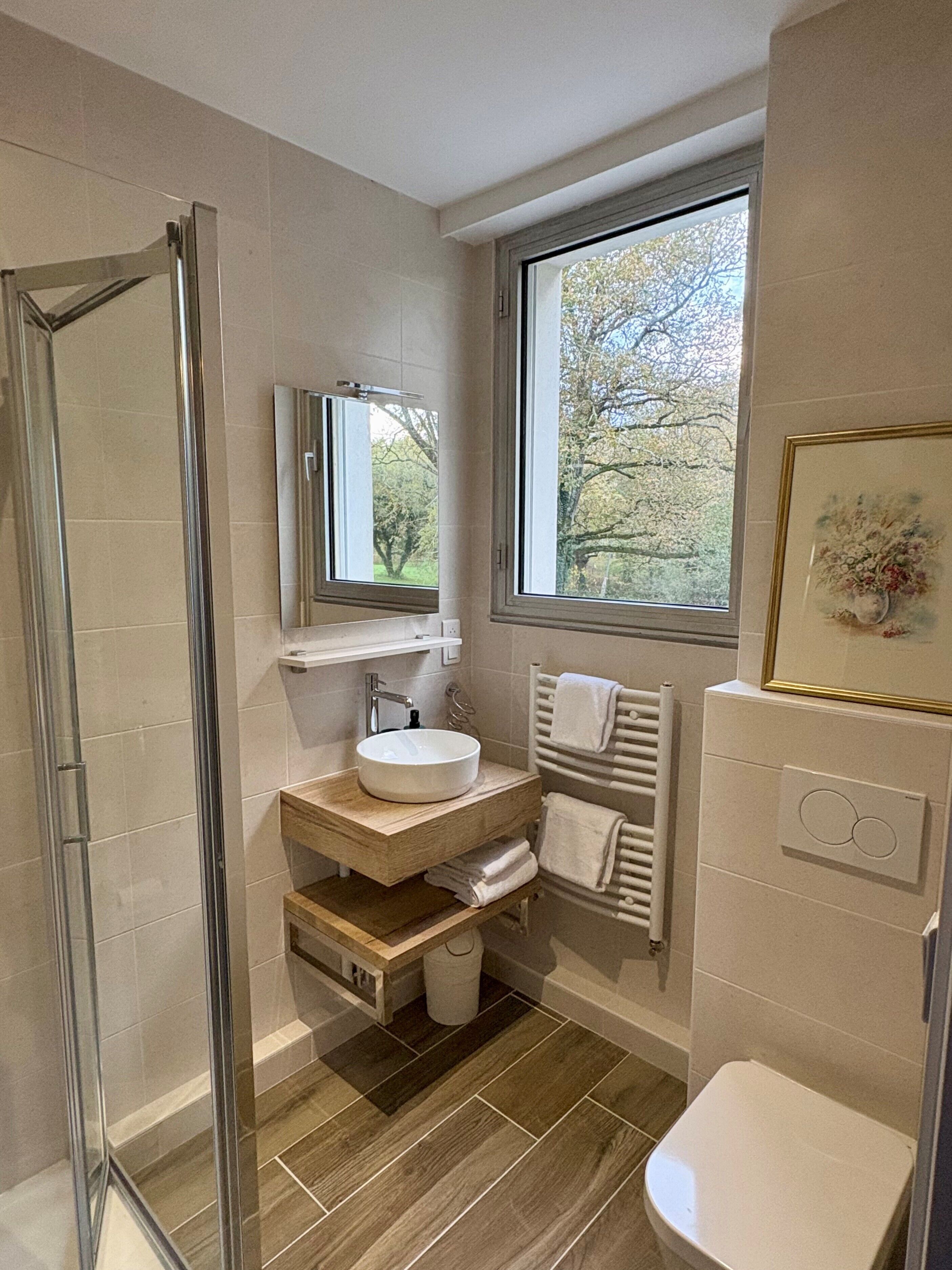 A modern bathroom with a glass shower enclosure, a wooden vanity, a white sink, a mirror, a window with a view of trees, and a toilet.
