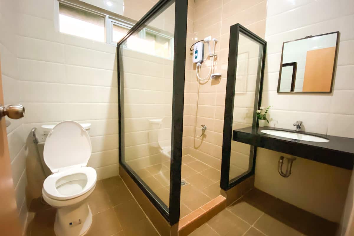 shower, hydromassage showerhead, free toiletries, bidet