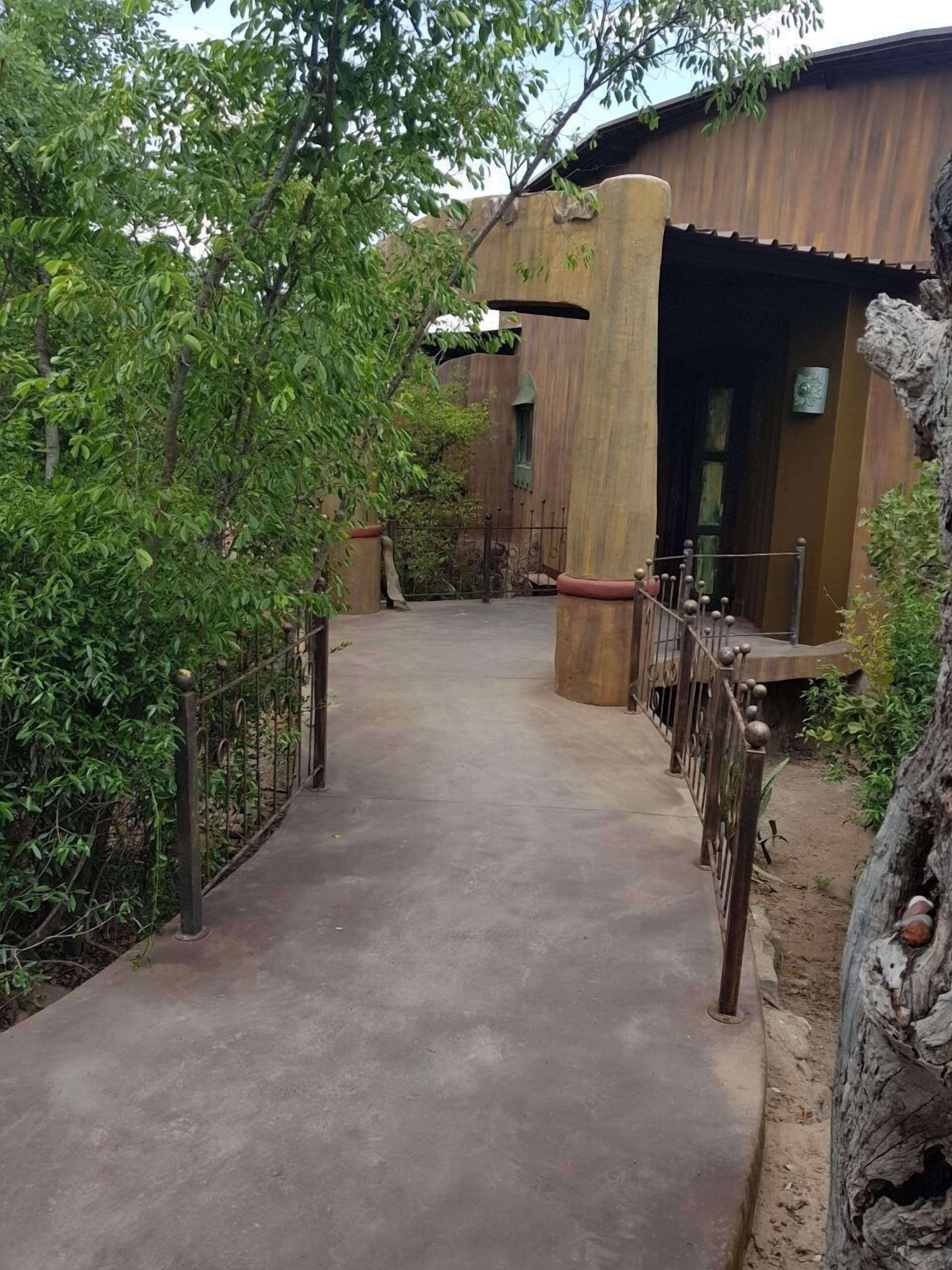 A concrete pathway leading to a rustic building with a metal fence and greenery on the sides.