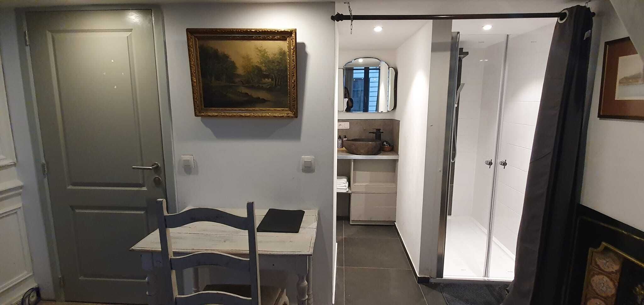 A narrow hallway with a door leading to a room with a table and chair, a painting on the wall, and a bathroom with a shower and sink.