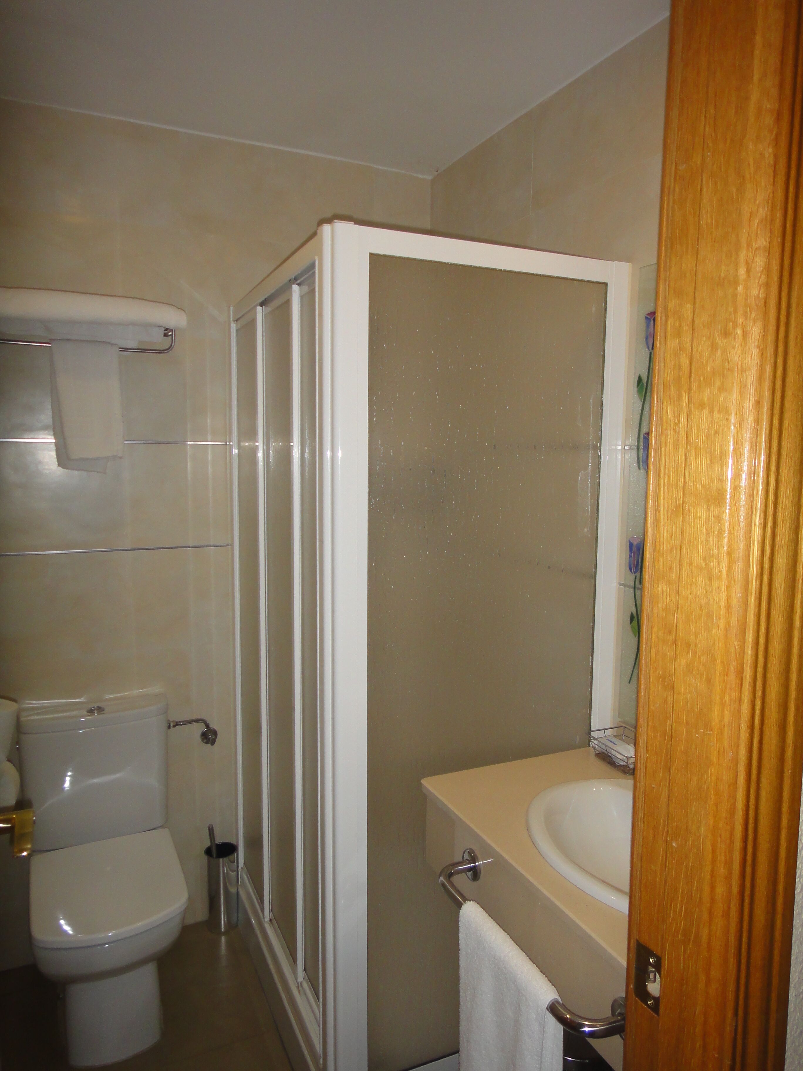 A bathroom with a toilet, a shower enclosure, and a sink.