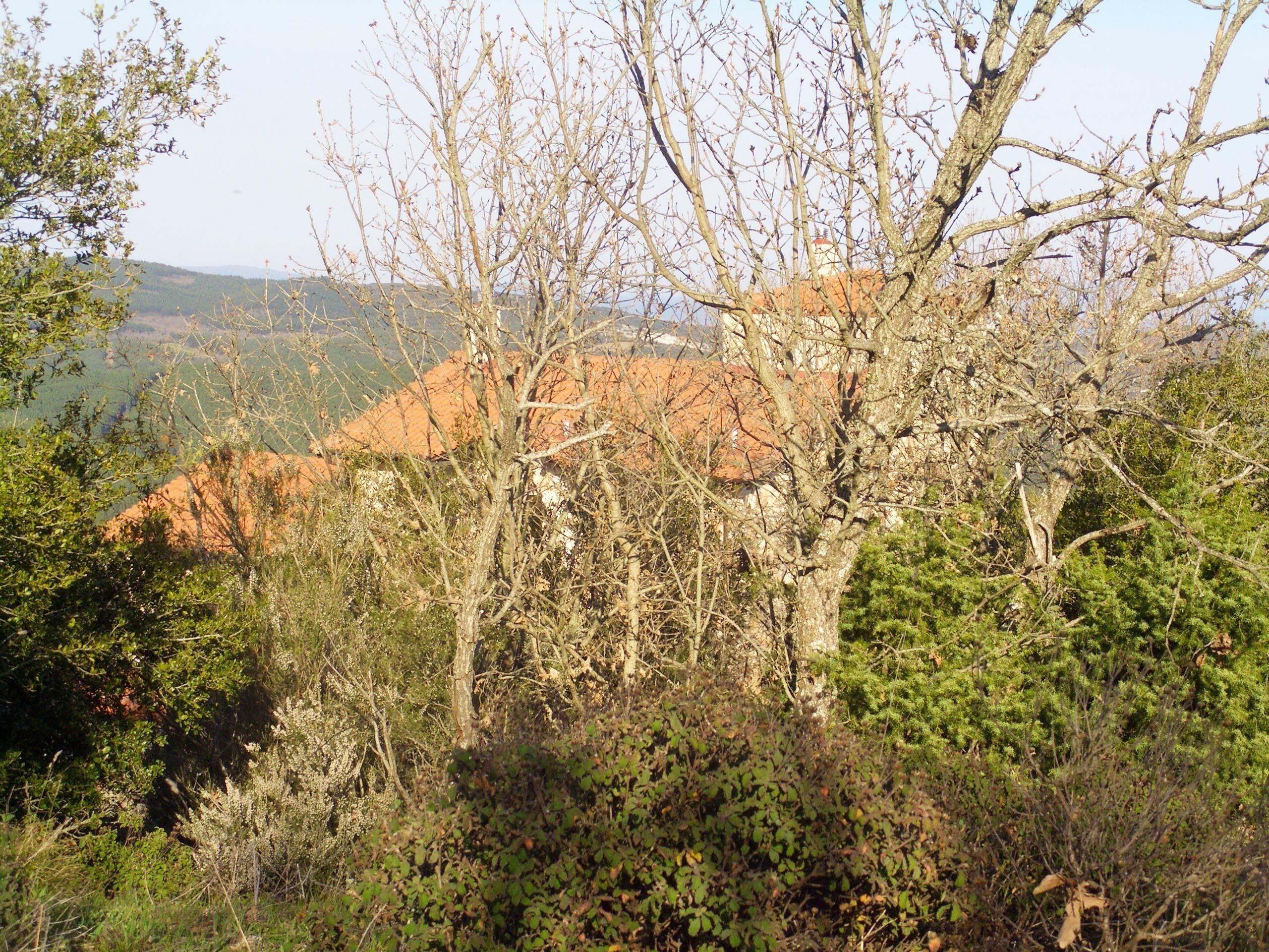 Paisagem montanhosa com um edifício no fundo, com telhado vermelho.