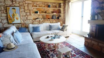 Romantic Chalet, Private Pool | Living area | Fireplace