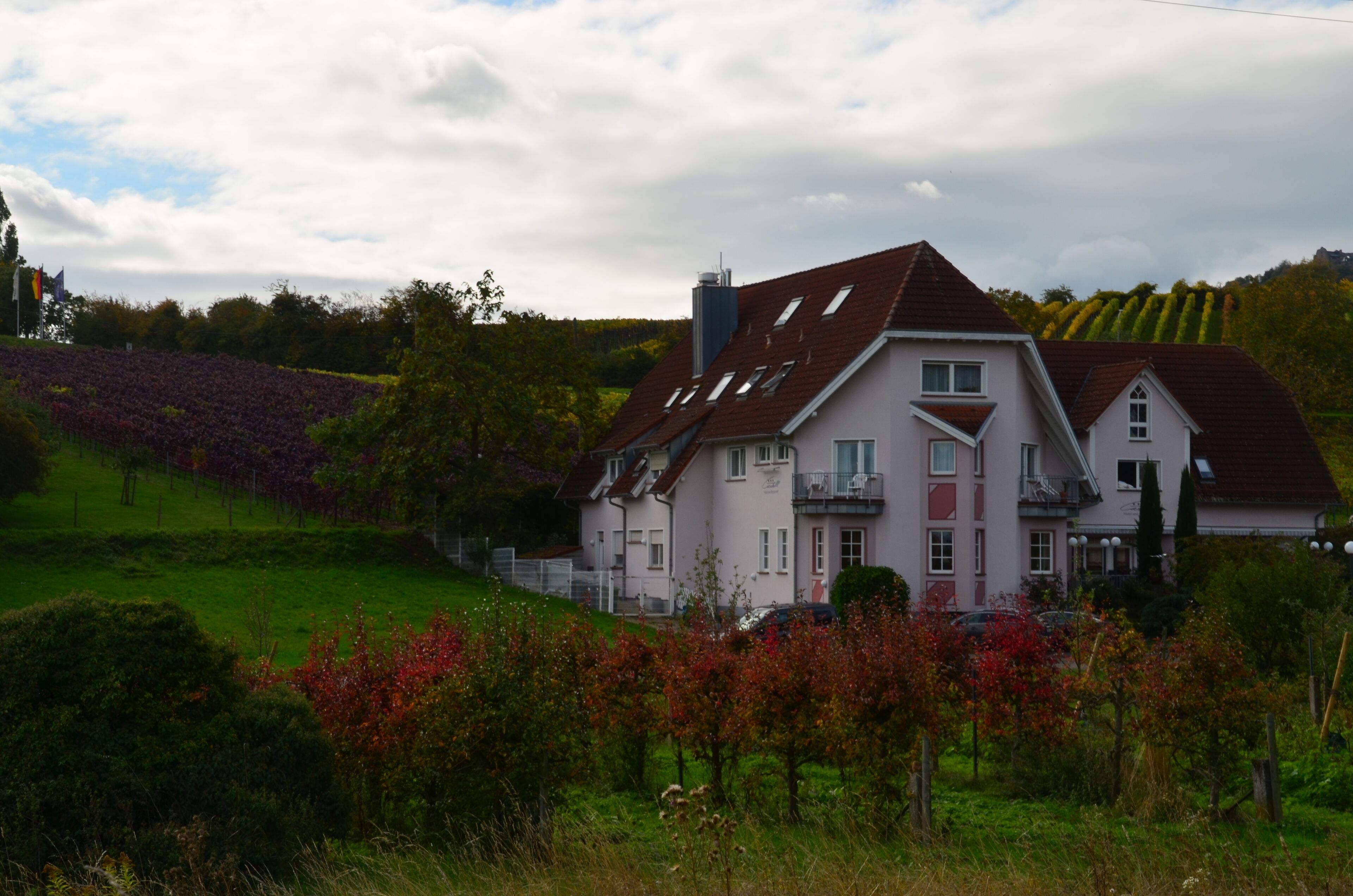 A two-story house with a sloped roof, a balcony on the second floor, and a small garden area in front.