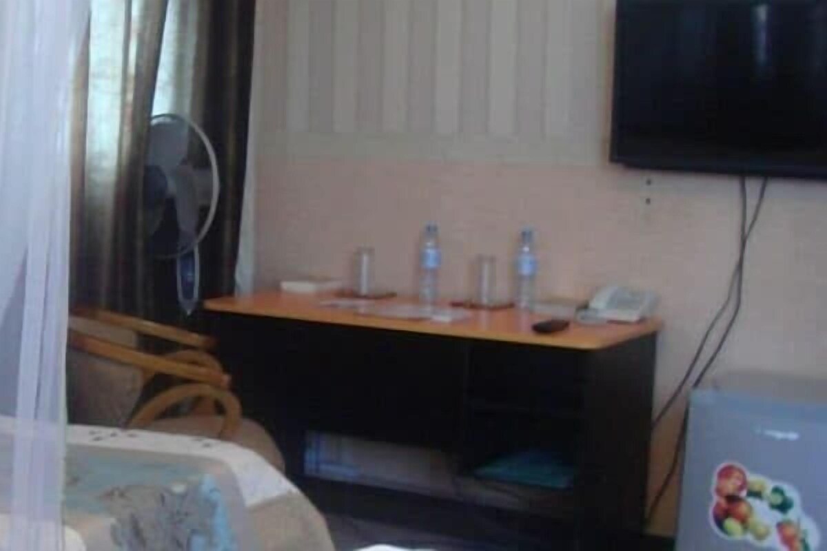 A room with a bed, a desk, a fan, and a television.