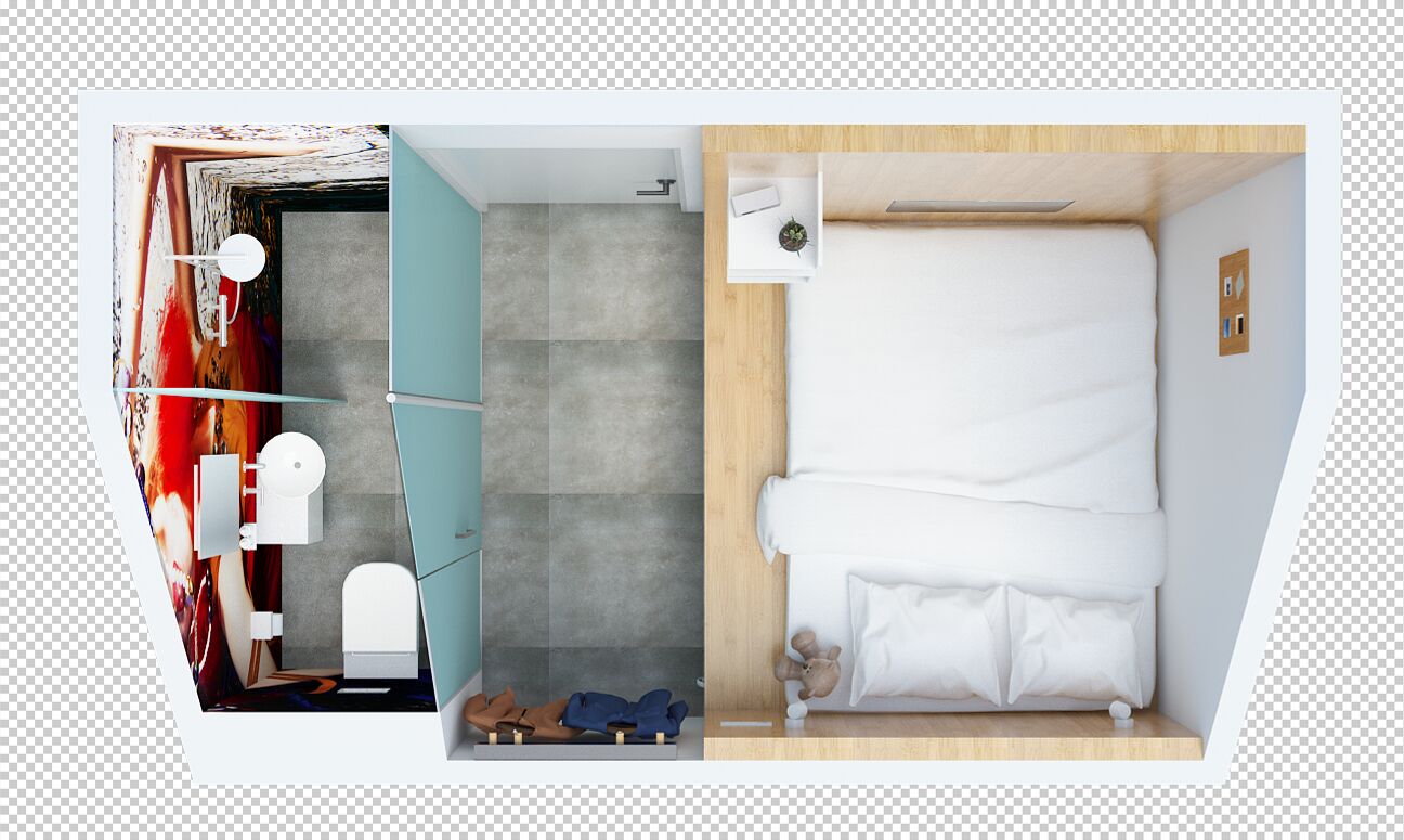 Habitación de hotel compacta con cama, una pequeña zona de estar, armario y baño.