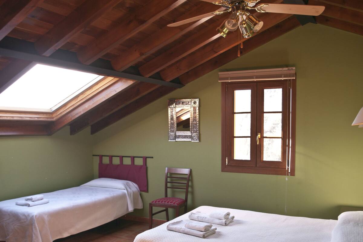A room with two single beds, a chair, a window with a view, and a ceiling fan.