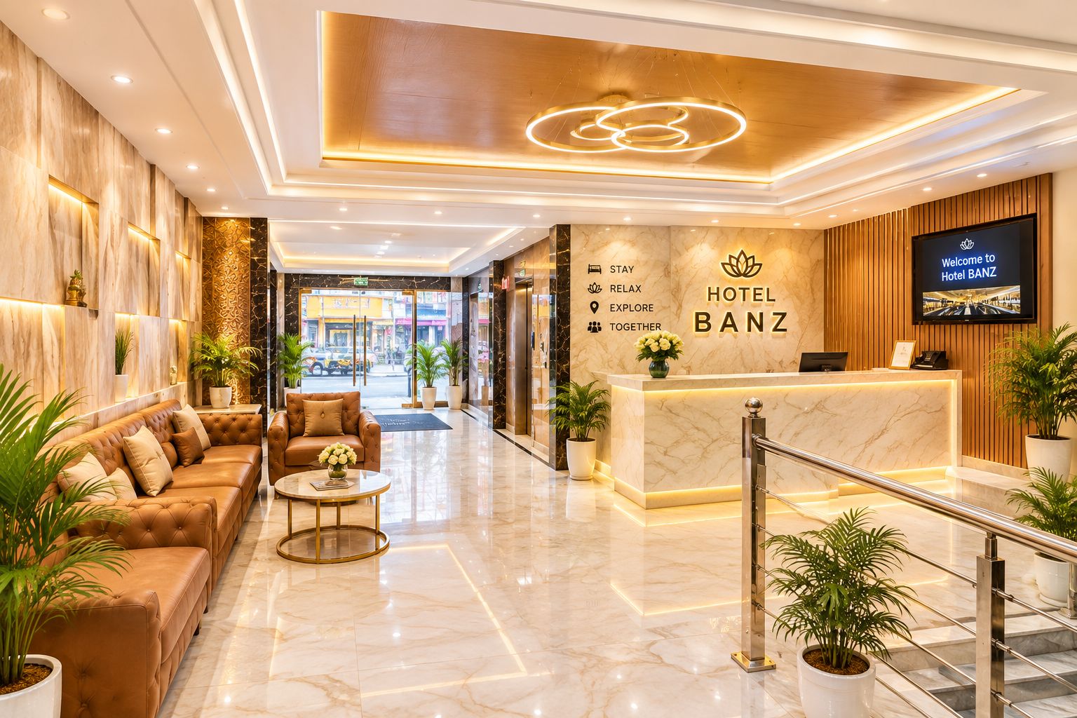 A hotel lobby with a reception desk, a sofa, a coffee table, and potted plants.