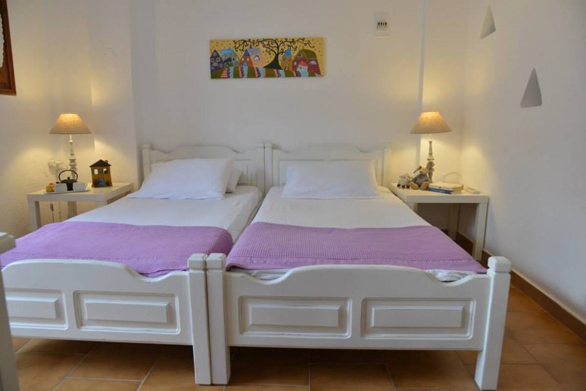 Habitación doble con dos camas, cada una con cabecero blanco y manta púrpura. Dos mesitas de noche con lámparas y un objeto decorativo en cada una. Un cuadro colorido cuelga en la pared sobre las camas.