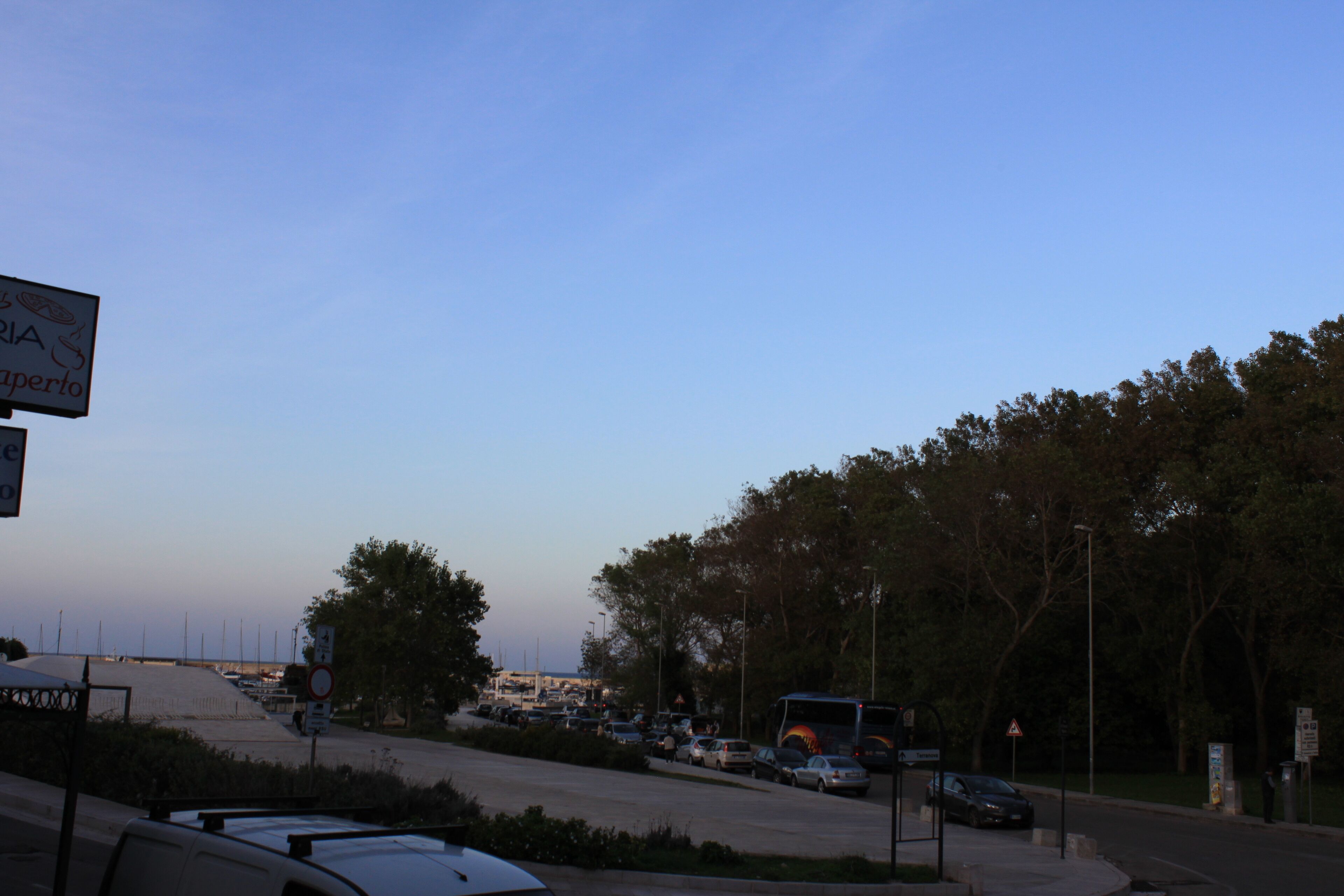 A parking area with cars and a bus, surrounded by trees and a clear sky.