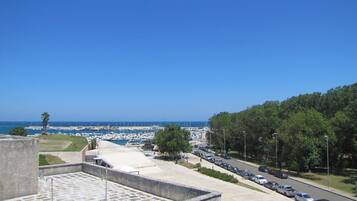 Vista sulla costa con un porto turistico, auto parcheggiate e cielo sereno.