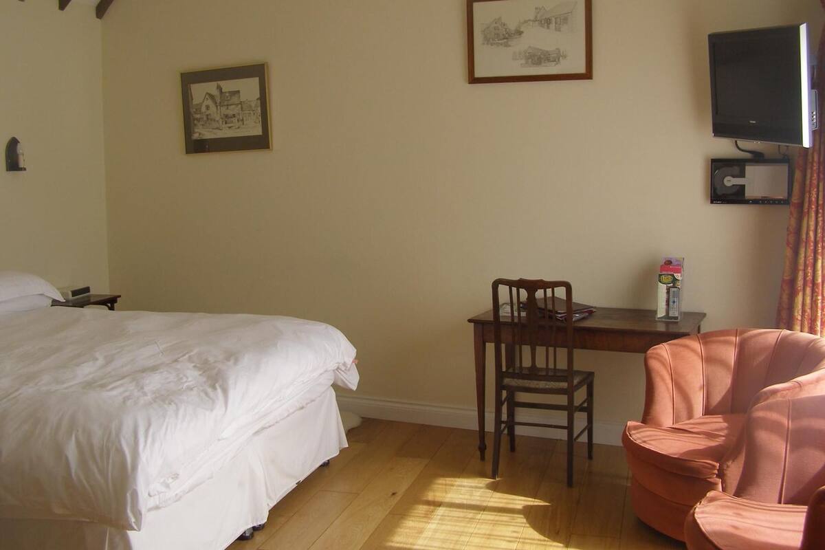 A hotel room with a bed, a desk, a chair, and a television.