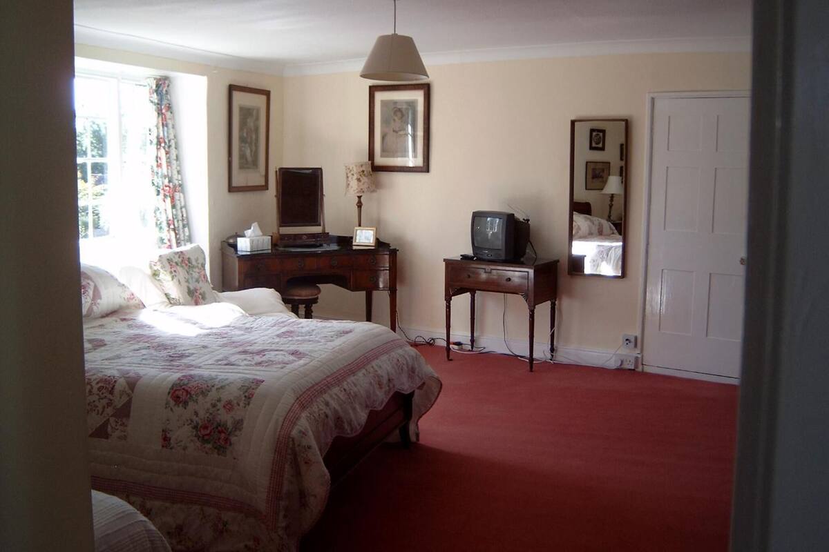 A bedroom with a bed, a desk with a television, a chair, and a door.