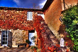 A stone building with a brick wall partially covered in red foliage, a bench, and a potted plant. - Agriturismo Fattoria Santa Vittoria (Foiano della Chiana)
