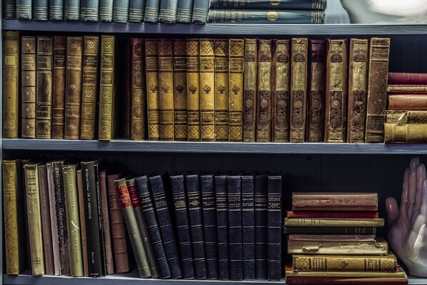 Una estantería llena de libros diversos, algunos con cubiertas doradas y otros en tonos oscuros.