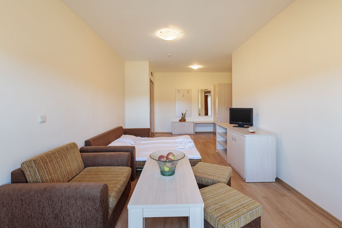 A modern living room with a sofa, a coffee table with fruit, a TV, and a kitchenette area.
