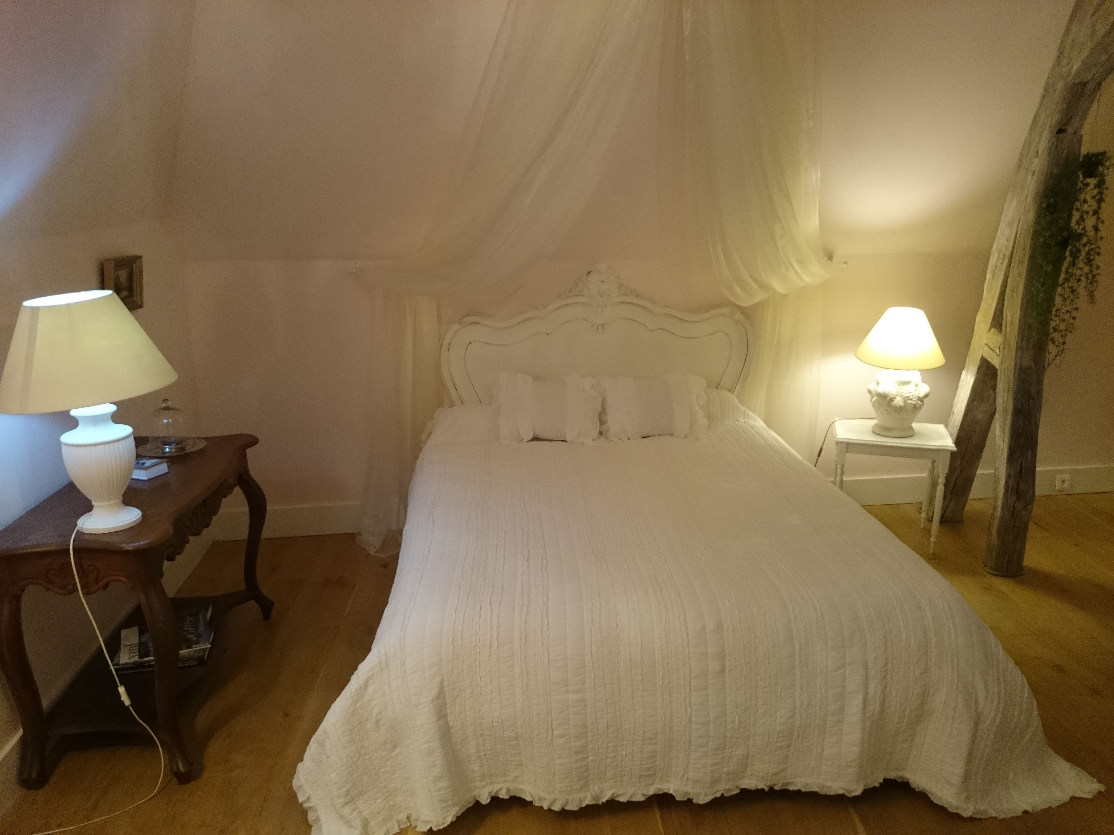 A bedroom with a canopy bed, two bedside lamps, a wooden nightstand, and a framed picture on the wall.