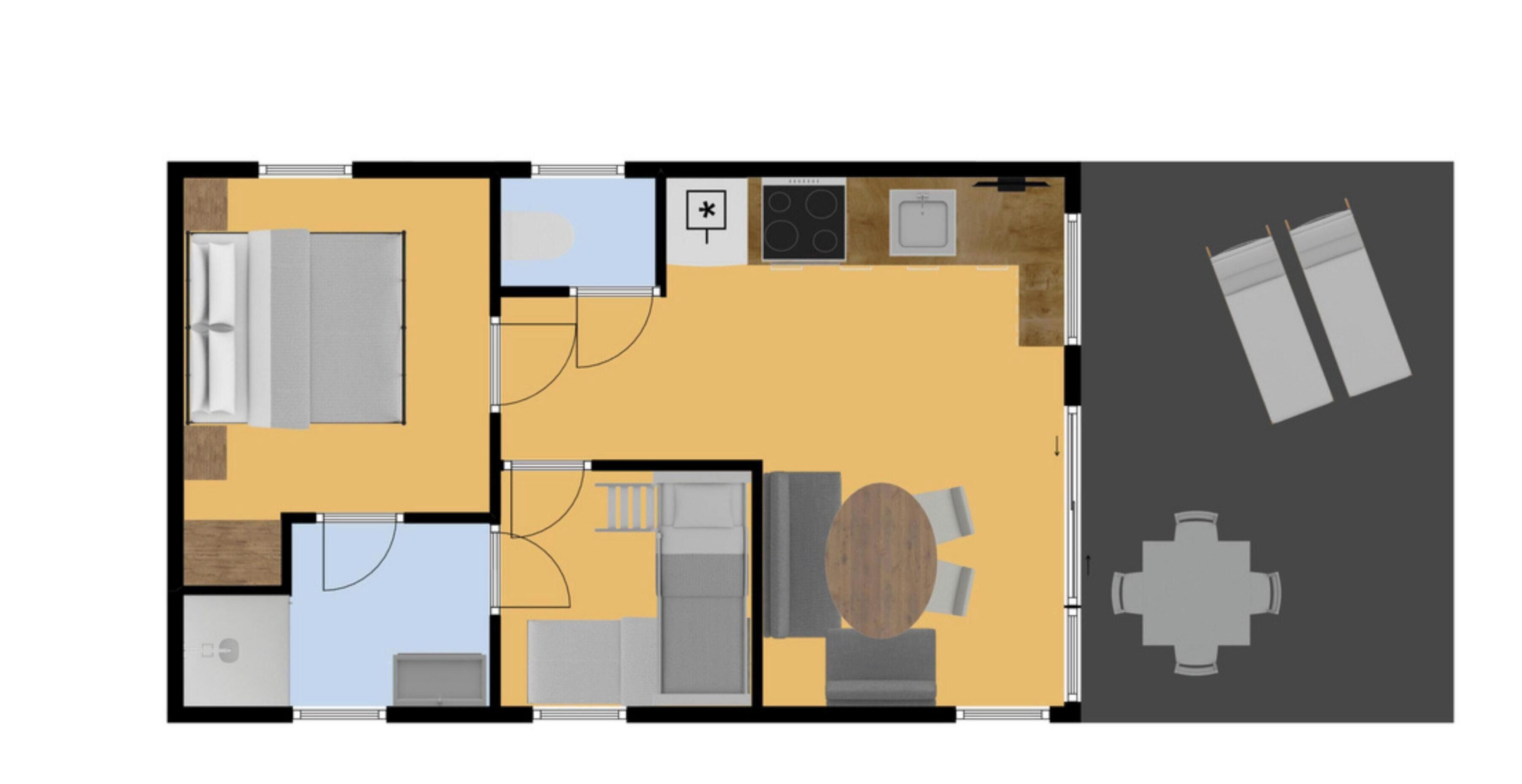 A floor plan of a hotel room with a bed, a desk, a chair, a small table, a sofa, a window, and a bathroom.