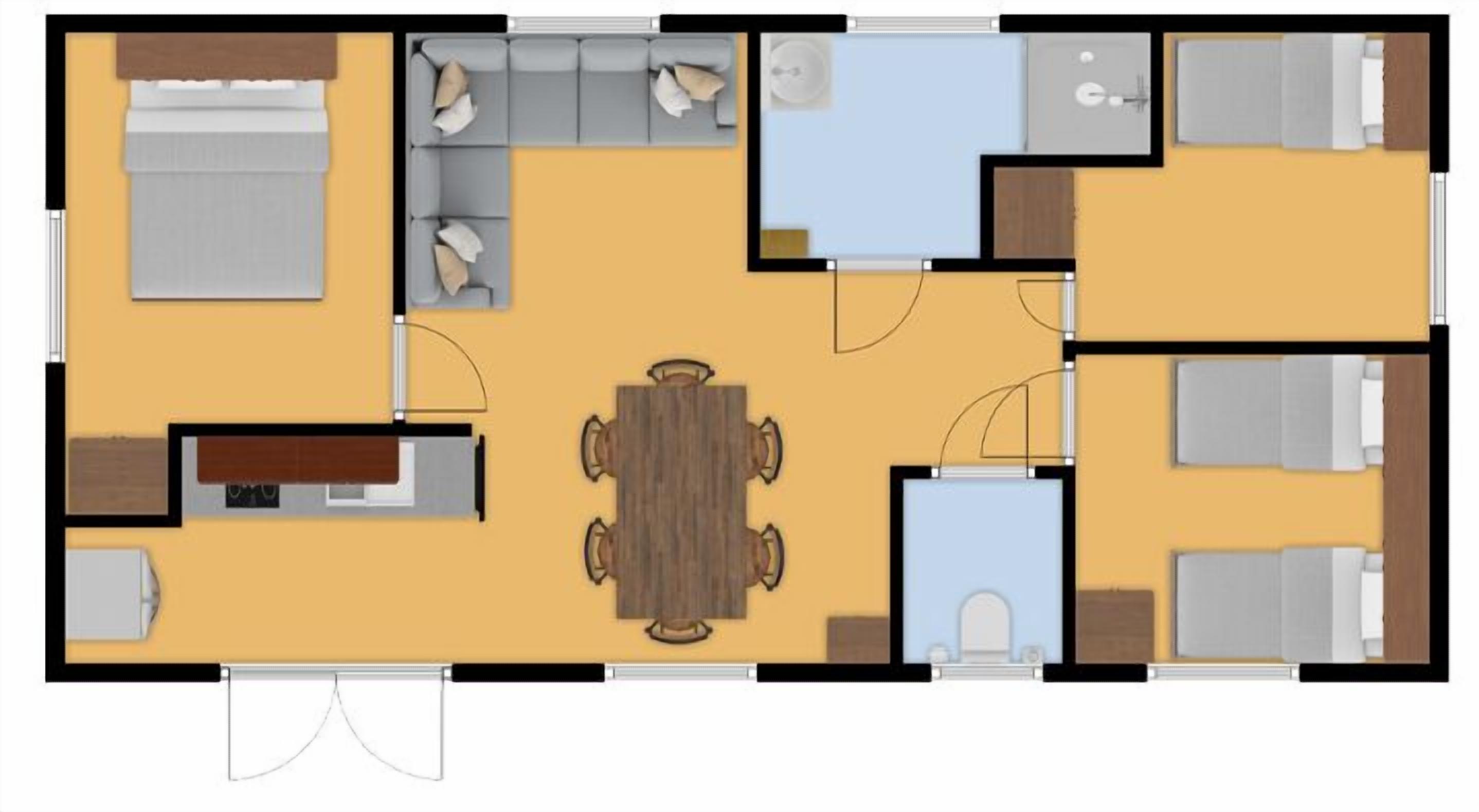 Plano de planta de una habitación de hotel con sala de estar, mesa de comedor, cocina y baño.